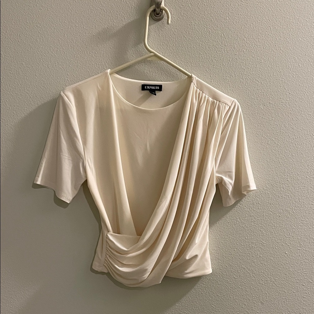 Express Ivory Draped Short Sleeve Tee with Asymmetric Front